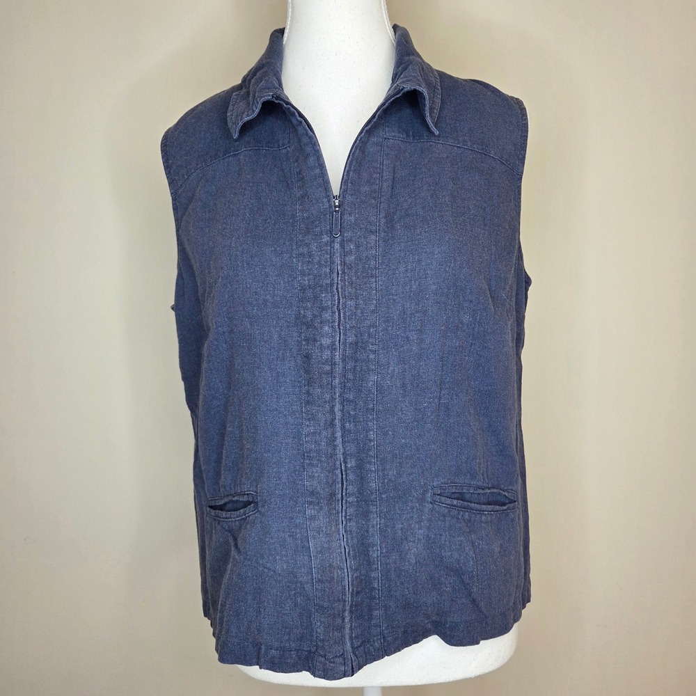 Orvis Womens Navy Blue Linen Blend Full Zip Utility Vest Size Medium